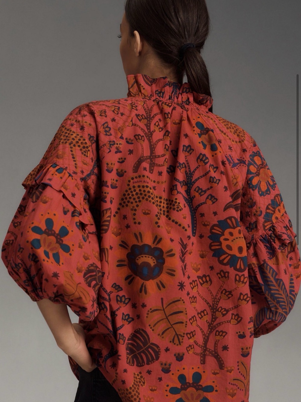 FARM Rio Rust Floral Tassel Tie-Neck Blouse - Picture 2 of 3